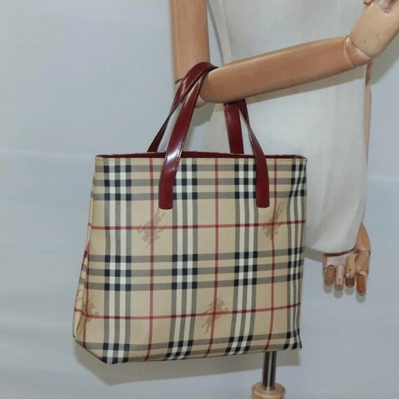 BURBERRY Nova Check Hand Bag PVC Beige Red Silver Auth - Picture 1 of 16